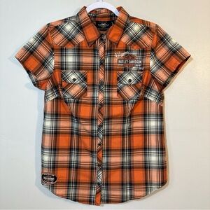 Harley Davidson Women’s Genuine Oil Can Plaid Short Sleeve Shirt Size M